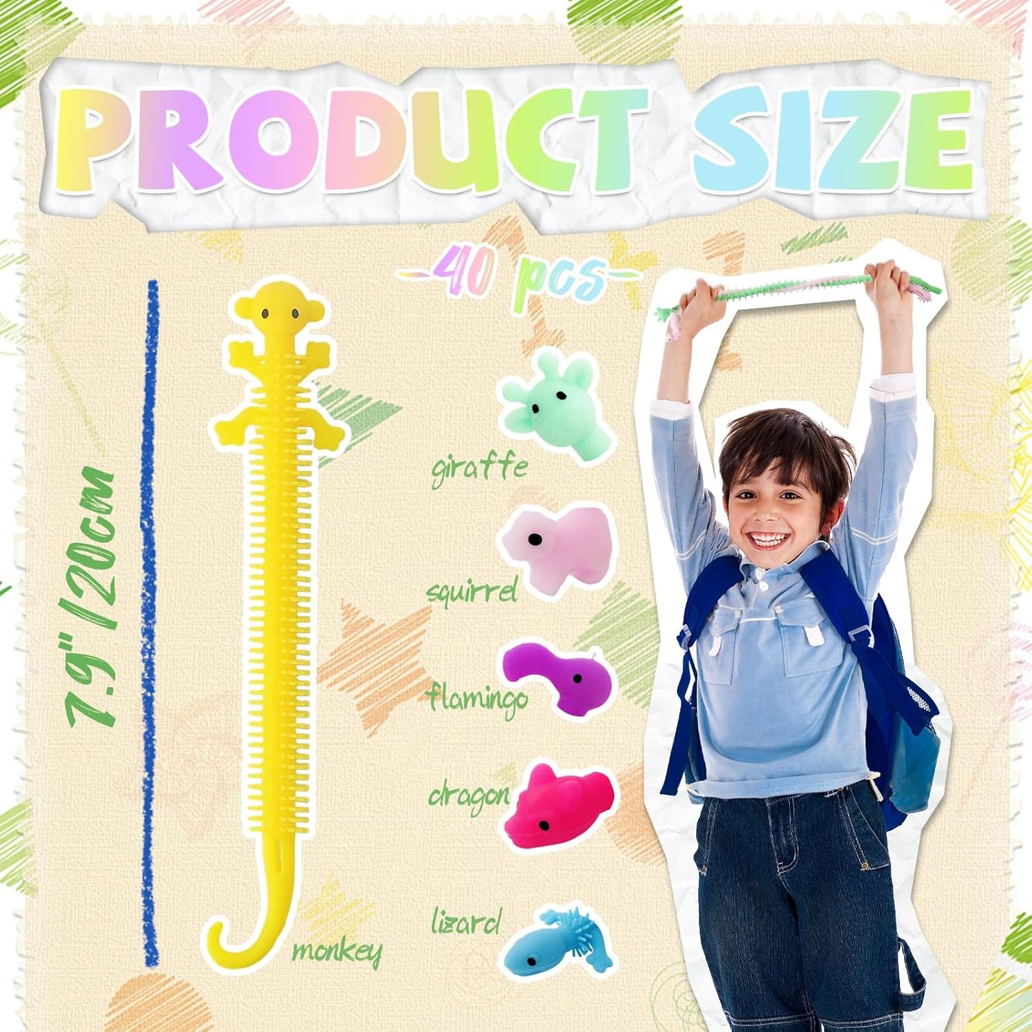 40 Pcs Stretchy Fidget String Toy,Stress Relief and Anti-Anxiety Toy,Colorful Sensory Plaything for Kids,Boys,Girls,Adults,Goodie Bag Fillers,Party Favor,Children's Day Gift(Animal)