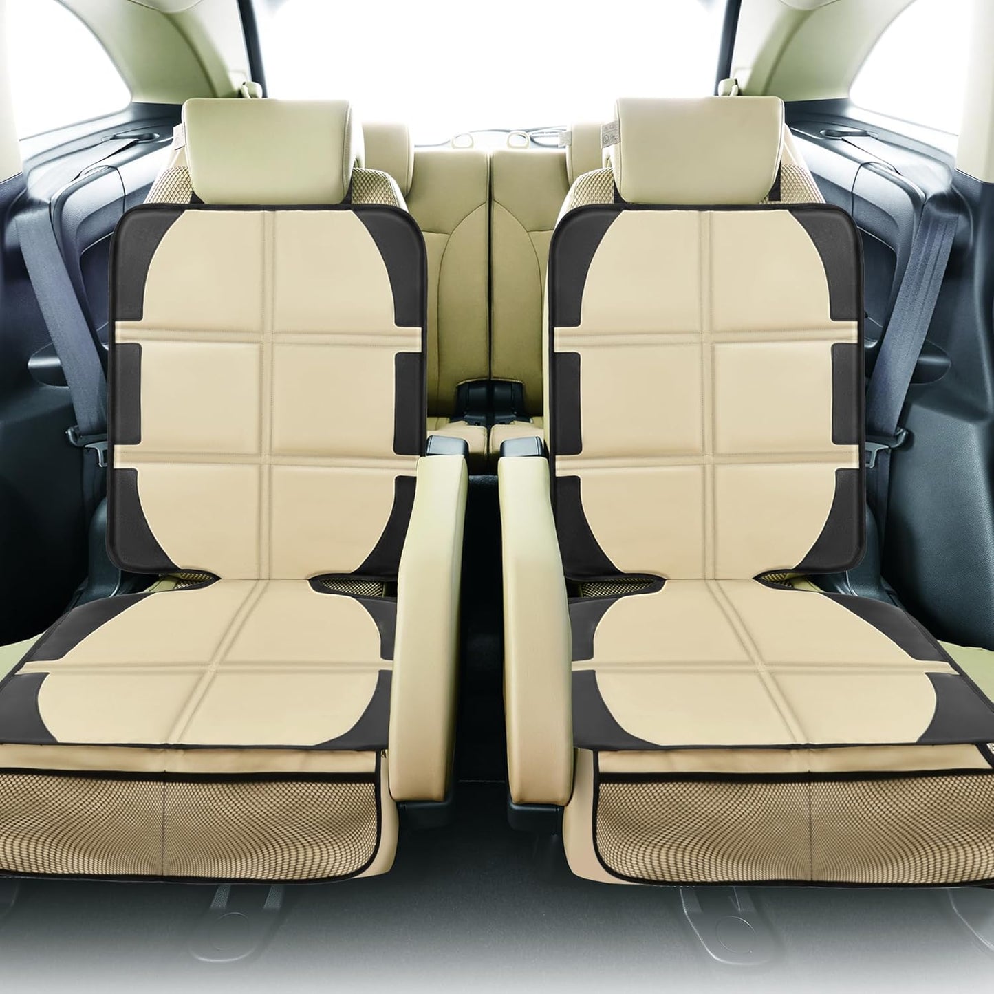 Car Seat Protector for Child Car Seat, 2 Pack Baby Car Seat Covers with Mesh Pockets & Non-Slip Backing 600D Durable Seat Protector Under Baby Car Seat for Car Back Seat (Beige, Large)