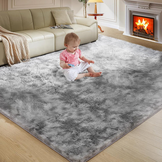 Ultra Soft Rug for Living Room, 8X10 Tie-Dyed Light Grey Fluffy Shag Area Rug for Bedroom, Modern Shaggy Carpets Fuzzy Rug for Teens Dorm Nursery Home Decor Aesthetic, Upgrade Anti-Skid Durable