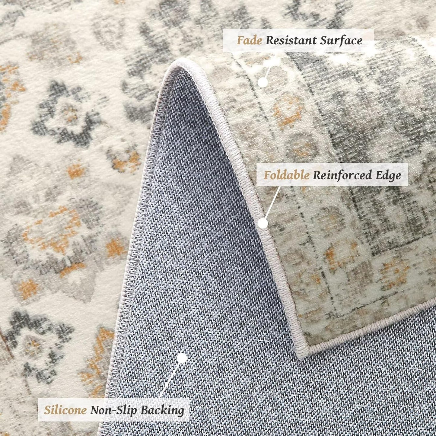 Washable 10x14 Area Rugs for Living Room, Boho Non-Slip Silicone Backing Rugs for Bedroom Dining Room Office, 0.3" Neutral Oriental Throw Carpet with 0.16" Cushioning Pad, Grey/Multi