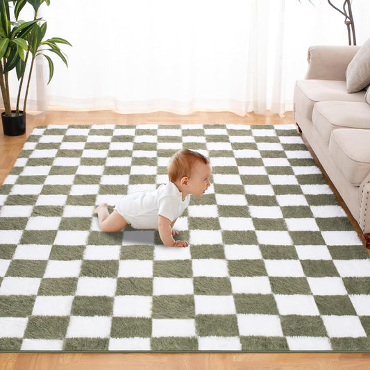 Super Soft Rug for Bedroom, 6x9 Ft Green and White Area Rug Classic Checkered Shaggy Anti-Skid High Pile Soft Fluffy Rug Fuzzy Carpet for Living Room Bedroom Kids Room Nursery, Dorm Home Decor