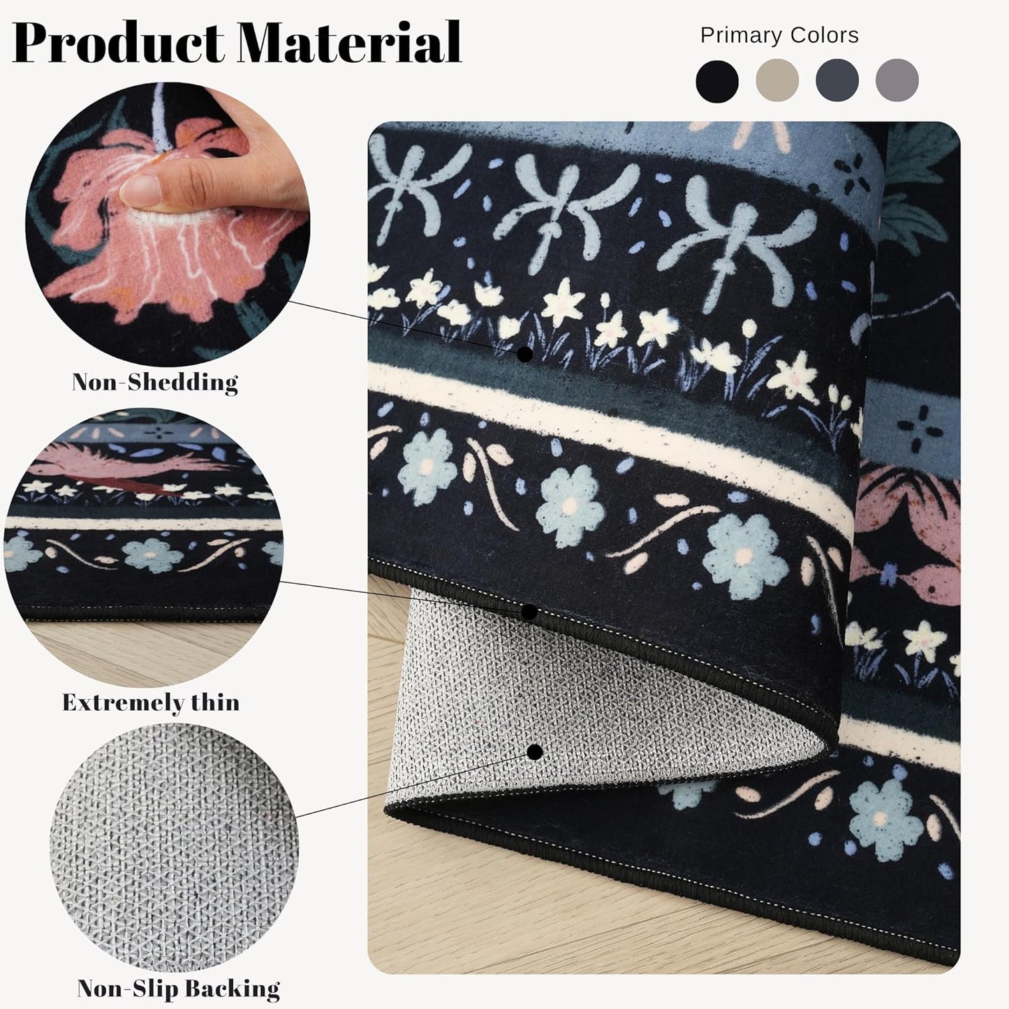 Runner Rug for Kitchen Rug Non Slip 2'x6' Washable Rugs with Rubber Backing Soft Vintage Floral Botanical Carpet Runner for Kitchen, Laundry, Bedroom, Bathroom, Black