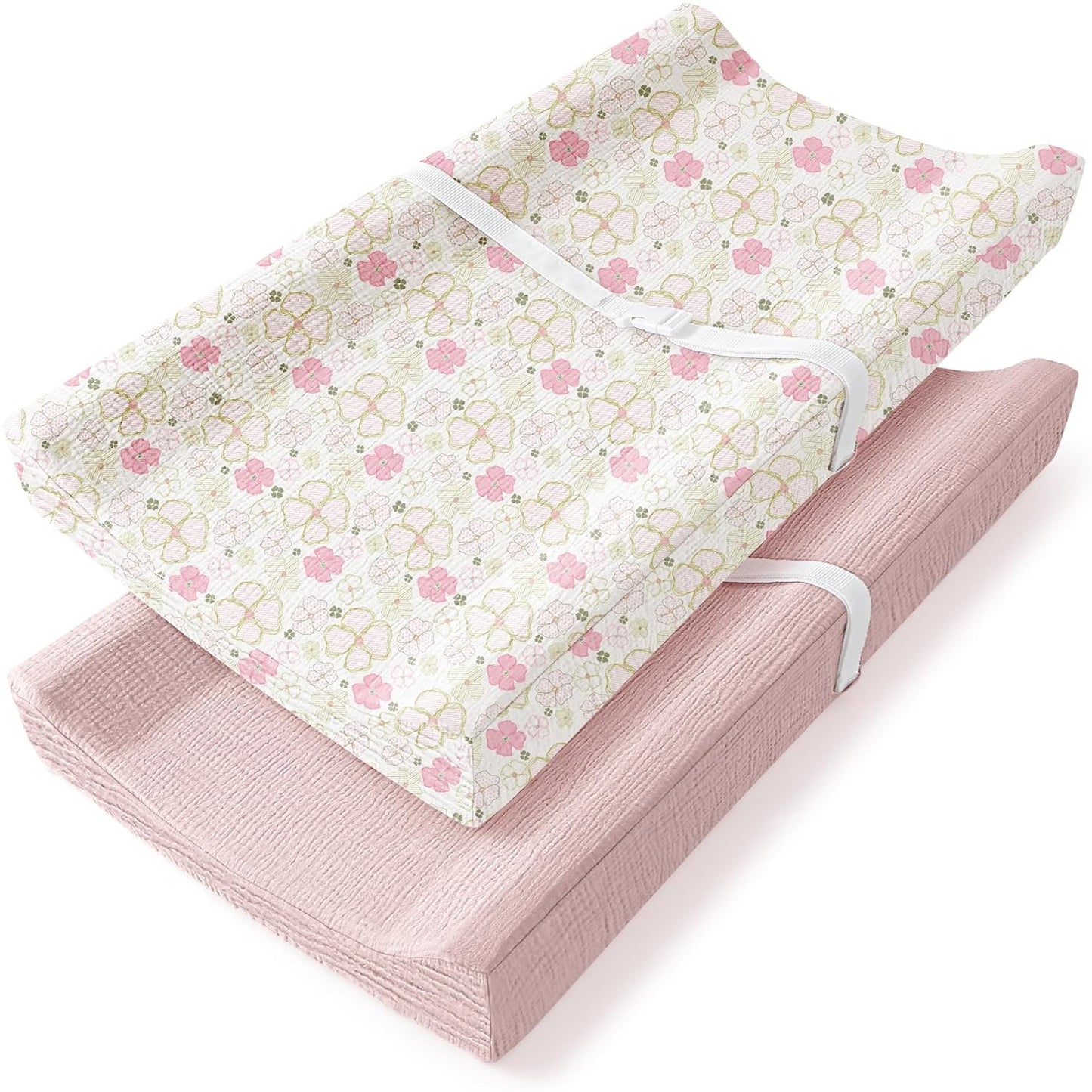 Bearmoss Changing Pad Cover, 2 Pack Muslin [100% Cotton] Diaper Changing Table Covers, 32'' x 16'' Soft Breathable Changing Pad Sheets for Unisex Baby Girls and Boys with Strap Holes (Pinkfloral)