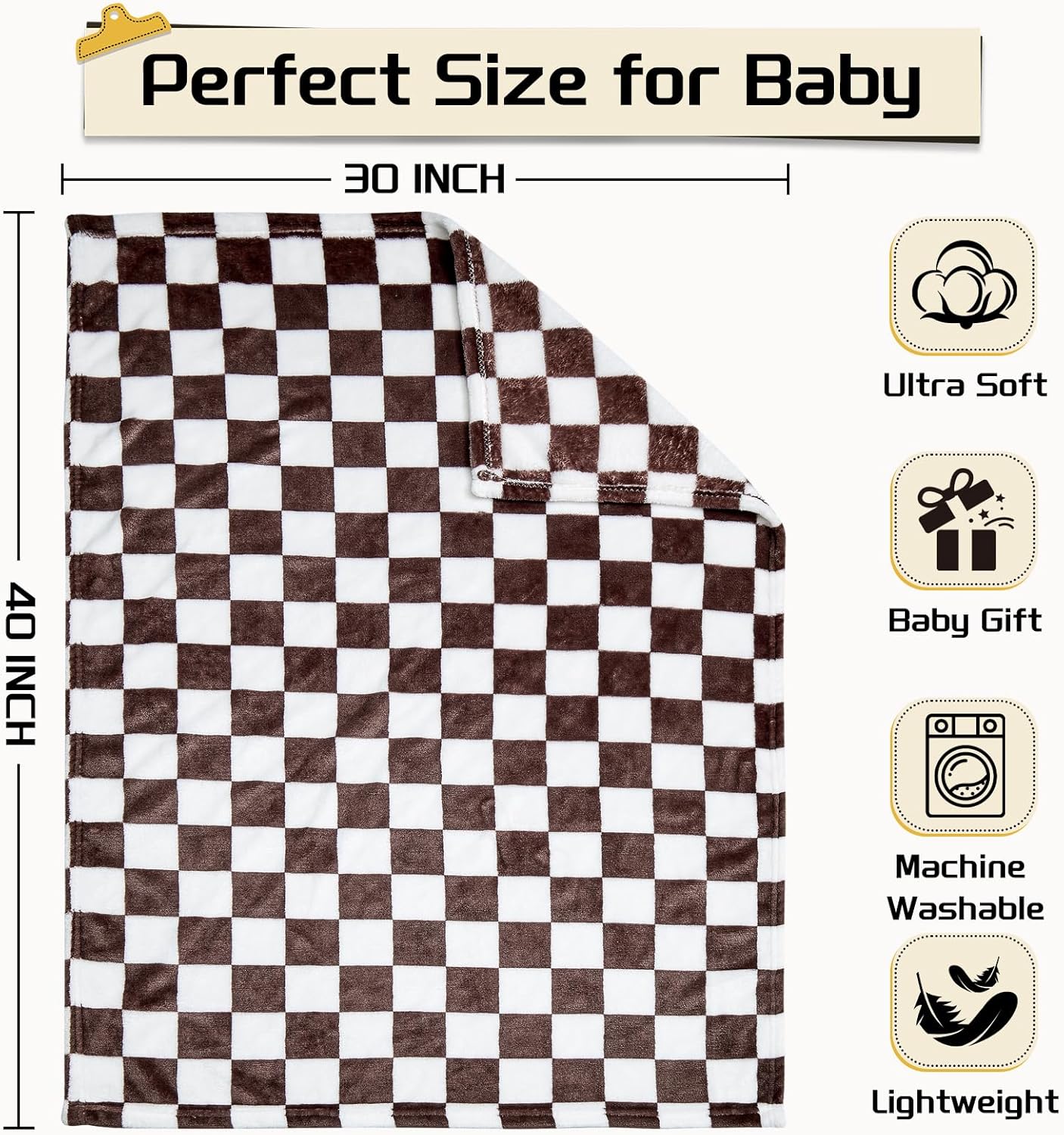 Yurhap Checkered Baby Blanket Fleece Baby Blankets Neutral for Boys Girls, Super Soft Warm Lightweight Infant Toddler Newborn Receiving Gifts for Crib Stroller, 30x40 Inch, Brown