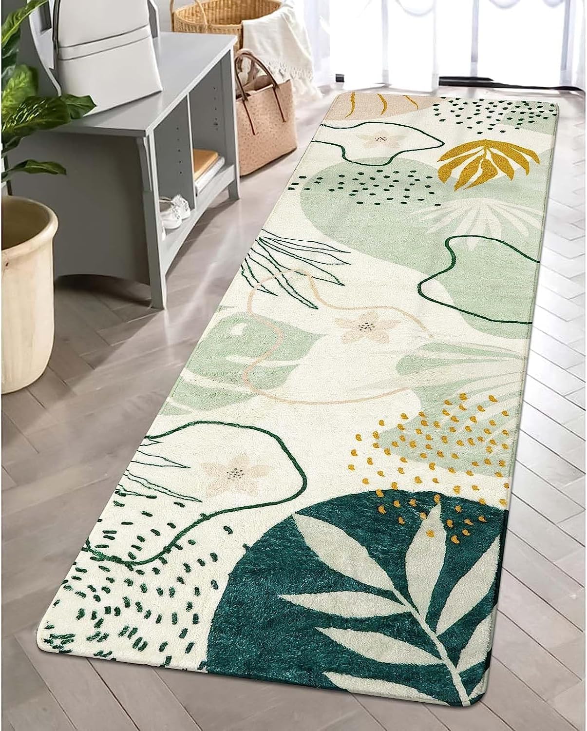 Lahome Green Hallway Runner - 2x6 Washable Kitchen Rug Boho Non-Slip Low-Pile Laundry Room Rug Soft Bathroom Runner Botanical Print Throw Carpet for Entrance Bedroom Living Room