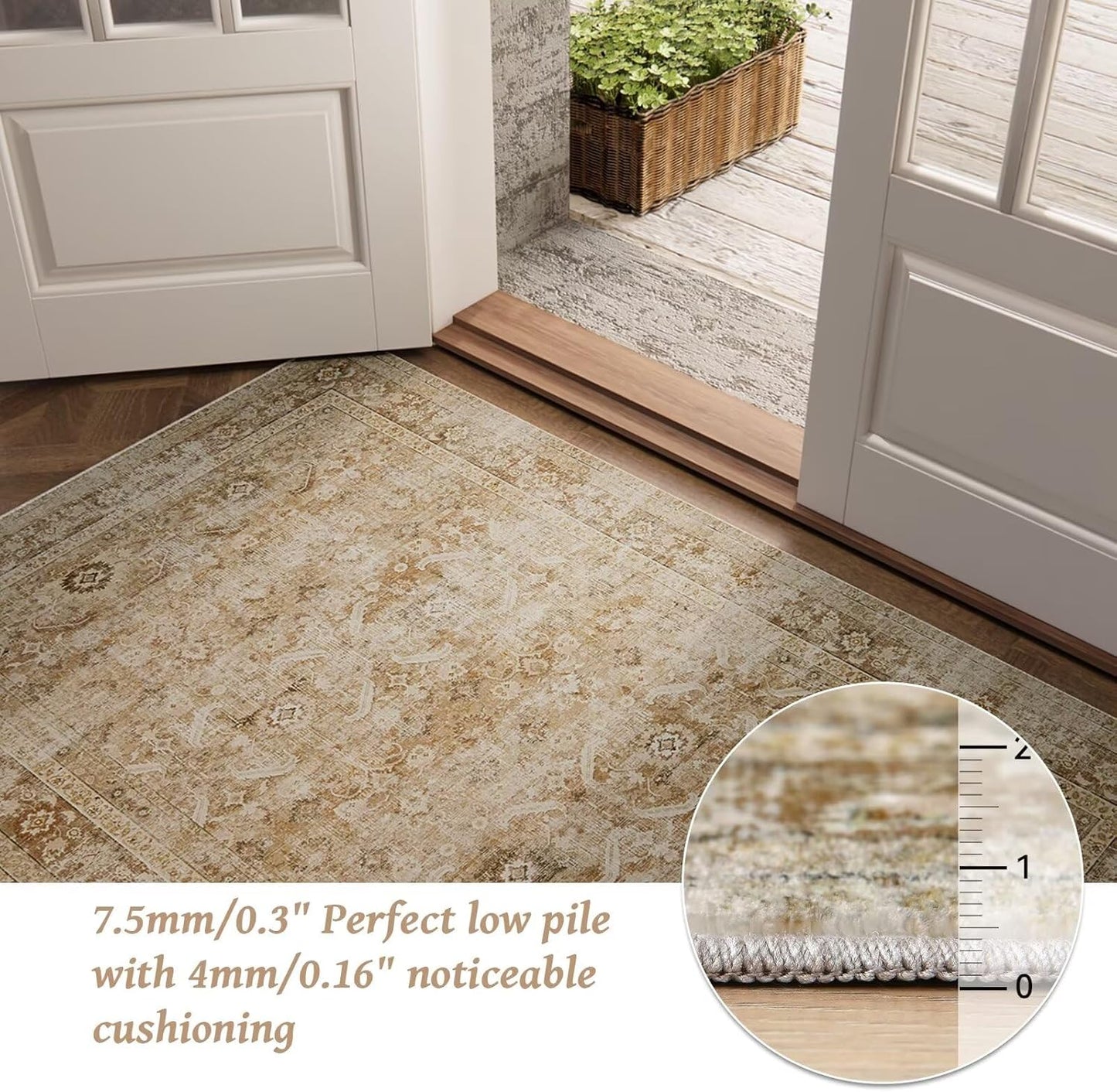 Washable 8x10 Area Rugs for Living Room, Boho Non-Slip Silicone Backing Rugs for Bedroom Dining Room Nursery Office, 0.3" Neutral Oriental Throw Carpet with 0.16" Cushioning Pad, Brown/Multi