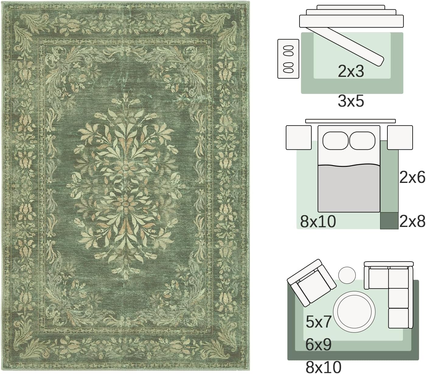jinchan Floral 6x9 Green Area Rugs for Living Room - Machine Washable Vintage Distressed Design Soft Throw Rug Non-Slip Large Carpet for Bedroom Dining Room Home Office Nursery (6x9ft,Dark Green)