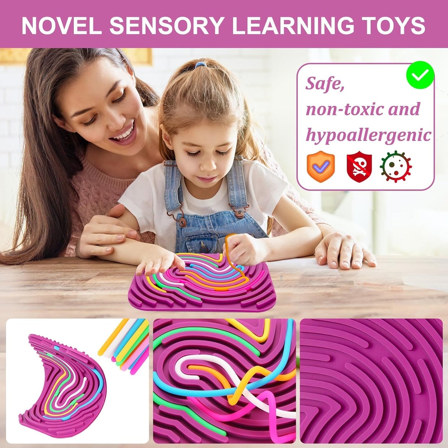 Sensory Activity Board - Double-Sided Silicone Fidget Toy Busy Board for Fine Motor Skill Silicone Calm Down Toy for Stress, Anxiety, ADHD & Autism, Kids 3+ & Adults Activities for Travel(Rectangle)