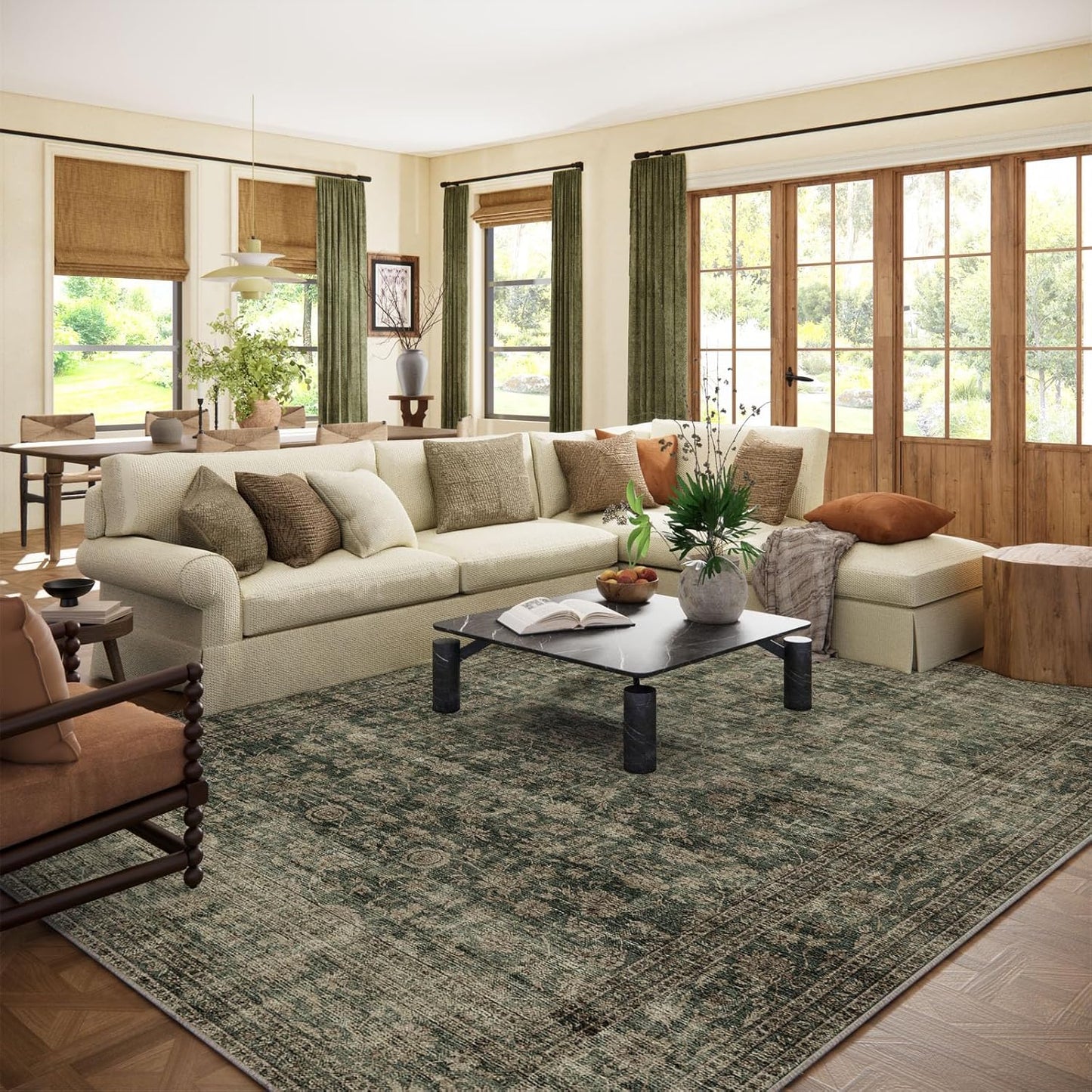 Washable Living Room Area Rug: 10x14 Rugs for Bedroom Vintage Stain Resistant Non Slip Low Pile Large Boho Carpet for Kitchen Dining Room Farmhouse Kids Room Nursery