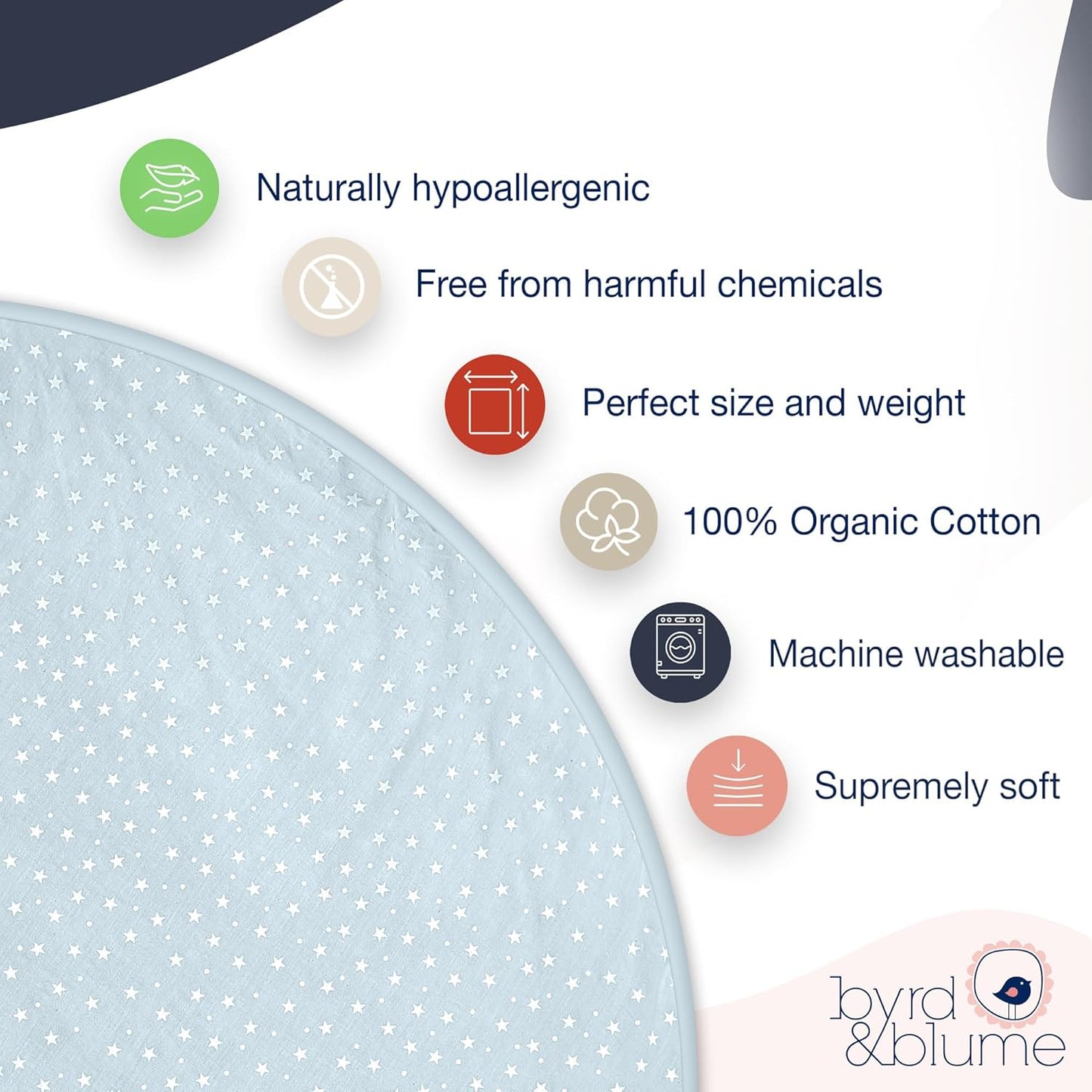 Byrd & Blume Round Baby Play Mat, Organic Cotton Soft Padded Nursery Floor Mat, Safe Hypoallergenic Baby Mat, Reversible, Foldable, Portable Infant Tummy Time Mat Fits Tents & Playpens (40"x40") Blue