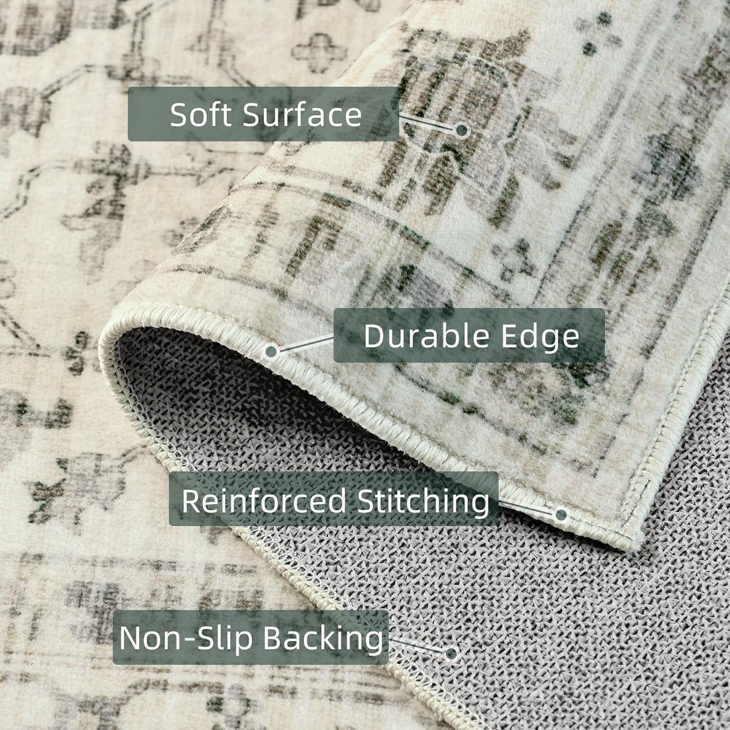 Area Rug 4x6 for Living Room - Vintage Machine Washable Soft Indoor Boho Rug for Bedroom Decor, Non-Slip Backing Farmhouse Cream/Grey