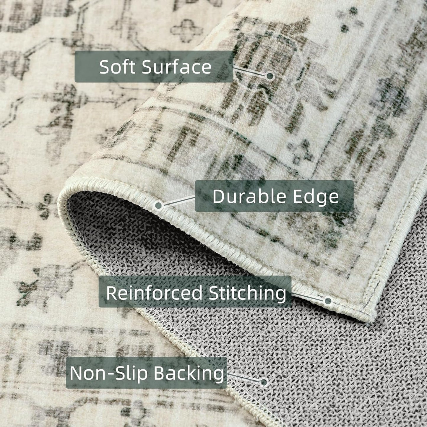 Boho Area Rug - 9x12 Distressed, Non Slip Washable, Large for Living Room, Bedroom, Dining Room, Office - Floor Decoration (Cream)