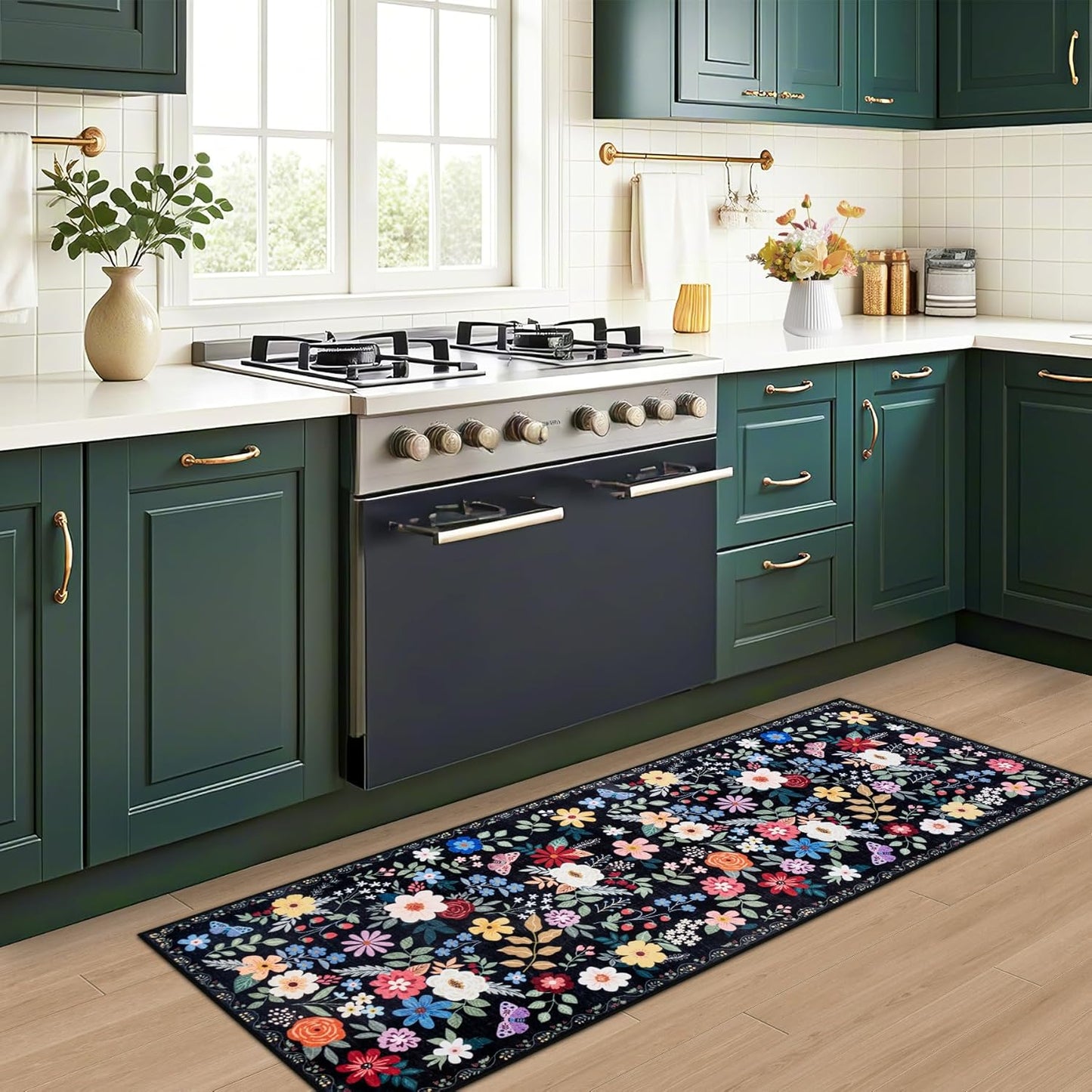 Runner Rug for Entryway: 2x6 Kitchen Rugs Non Slip Washable Ultra-Thin Soft Floral Carpet Indoor Floor Stain Resistant Carpets for Hallway Bedroom Kitchen Laundry Bathroom Dorm Black