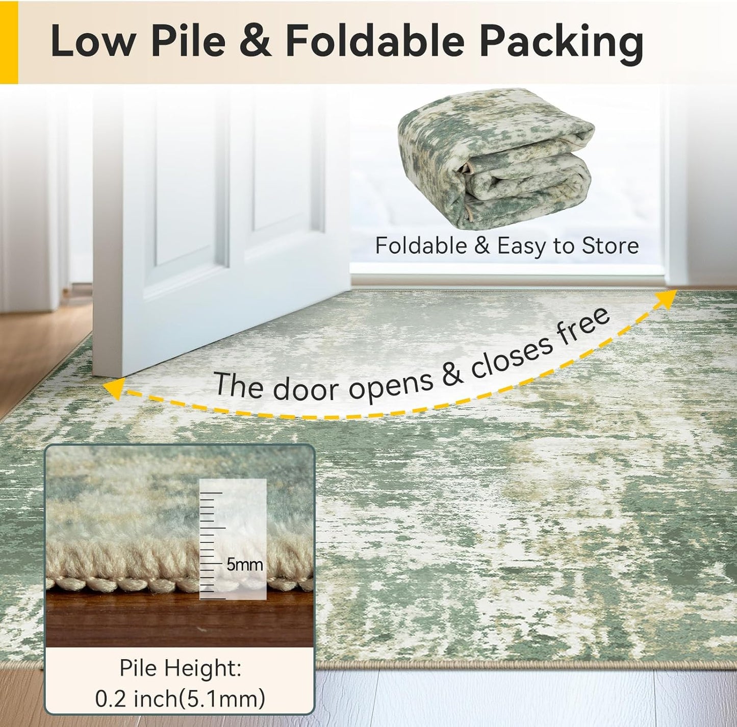 Washable Area Rugs 9'x12' Non-Slip Modern Abstract Soft for Living Room Entryway Bedroom Nursery, Print Pattern, Light Green/Yellow