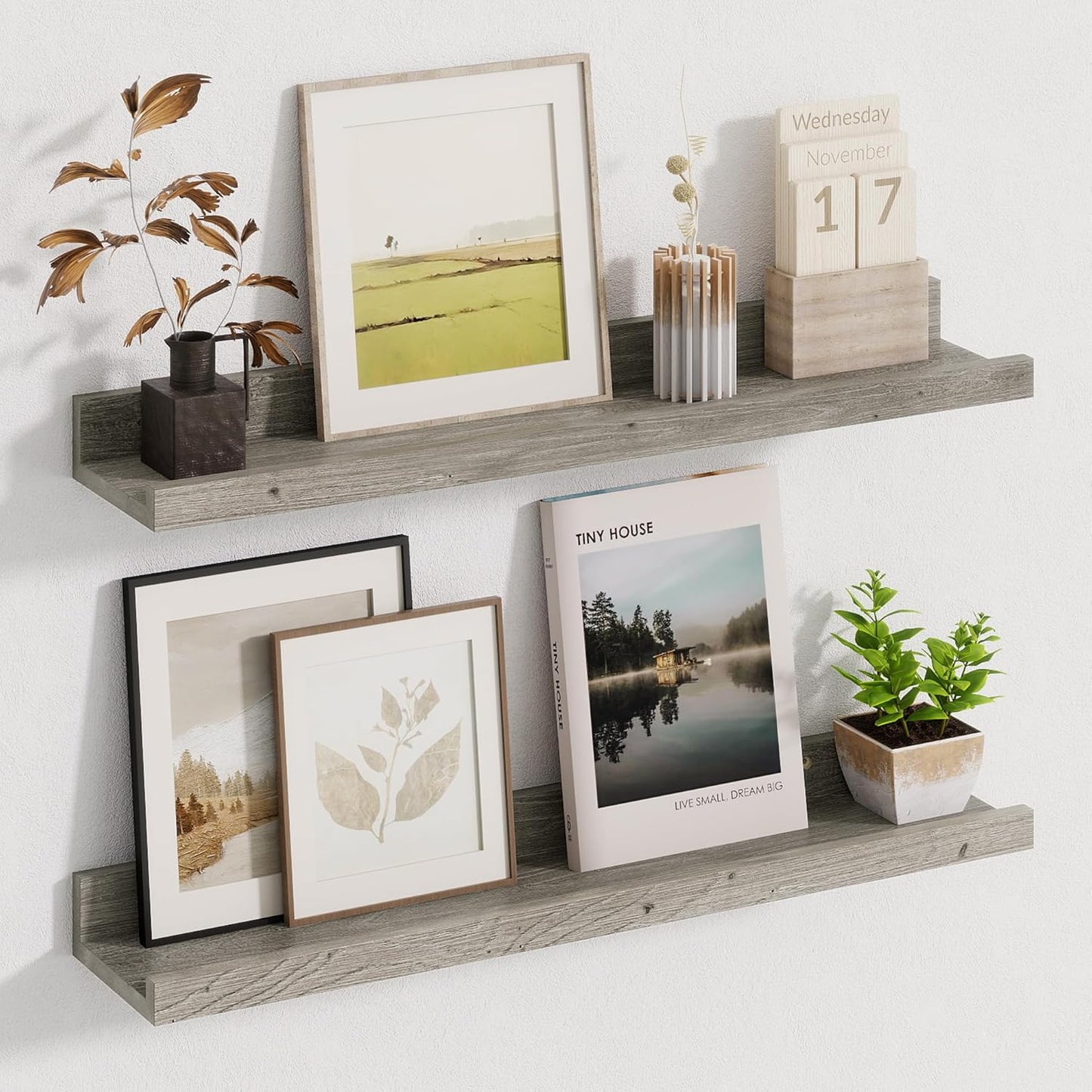 Picture Ledge Shelf - 24 Inches Floating Shelves Set of 2 - Rustic Elm Wood Ledge Shelves for Toys Storage, Kids Bookshelf Wall Mounted for Bedroom, Living Room, Kitchen - 24 Inches - Grey