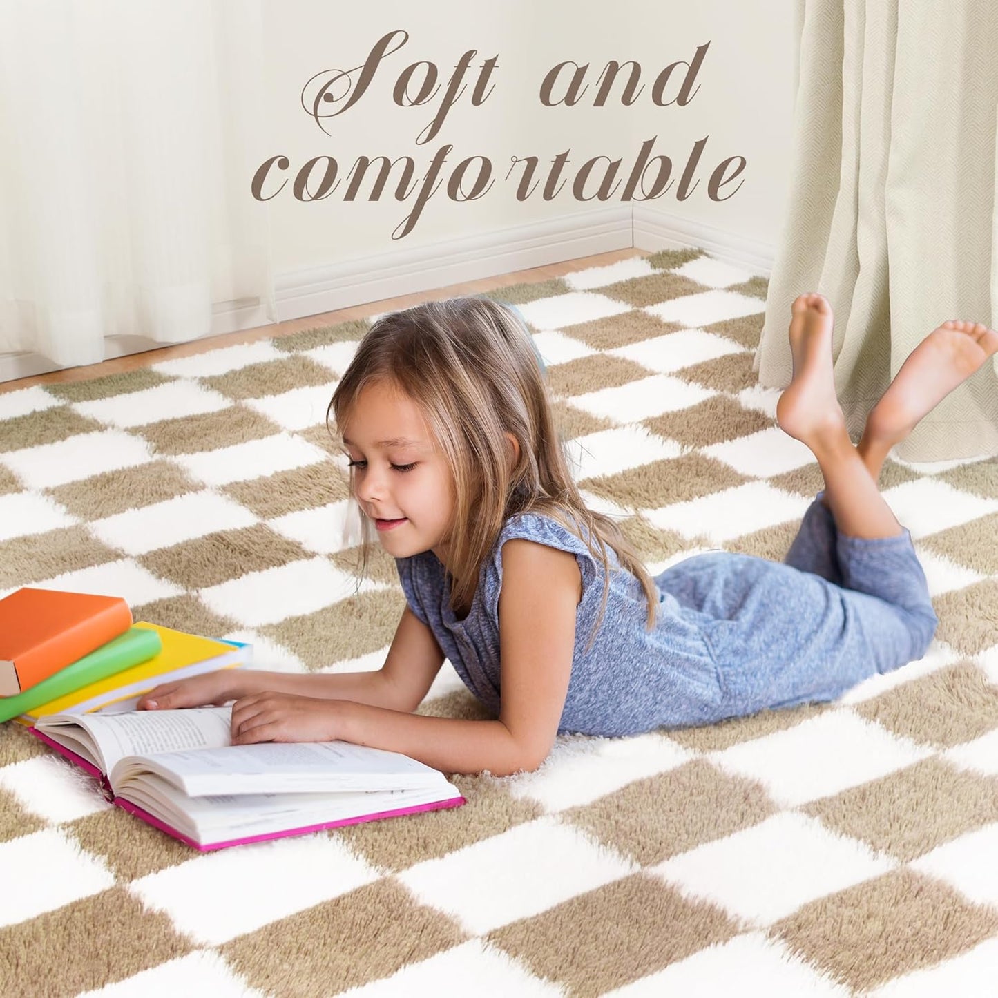 Super Soft Rug for Bedroom, 6x9 Ft Beige and White Area Rug Classic Checkered Shaggy Anti-Skid High Pile Soft Fluffy Rug Fuzzy Carpet for Living Room Bedroom Kids Room Nursery, Dorm Home Decor