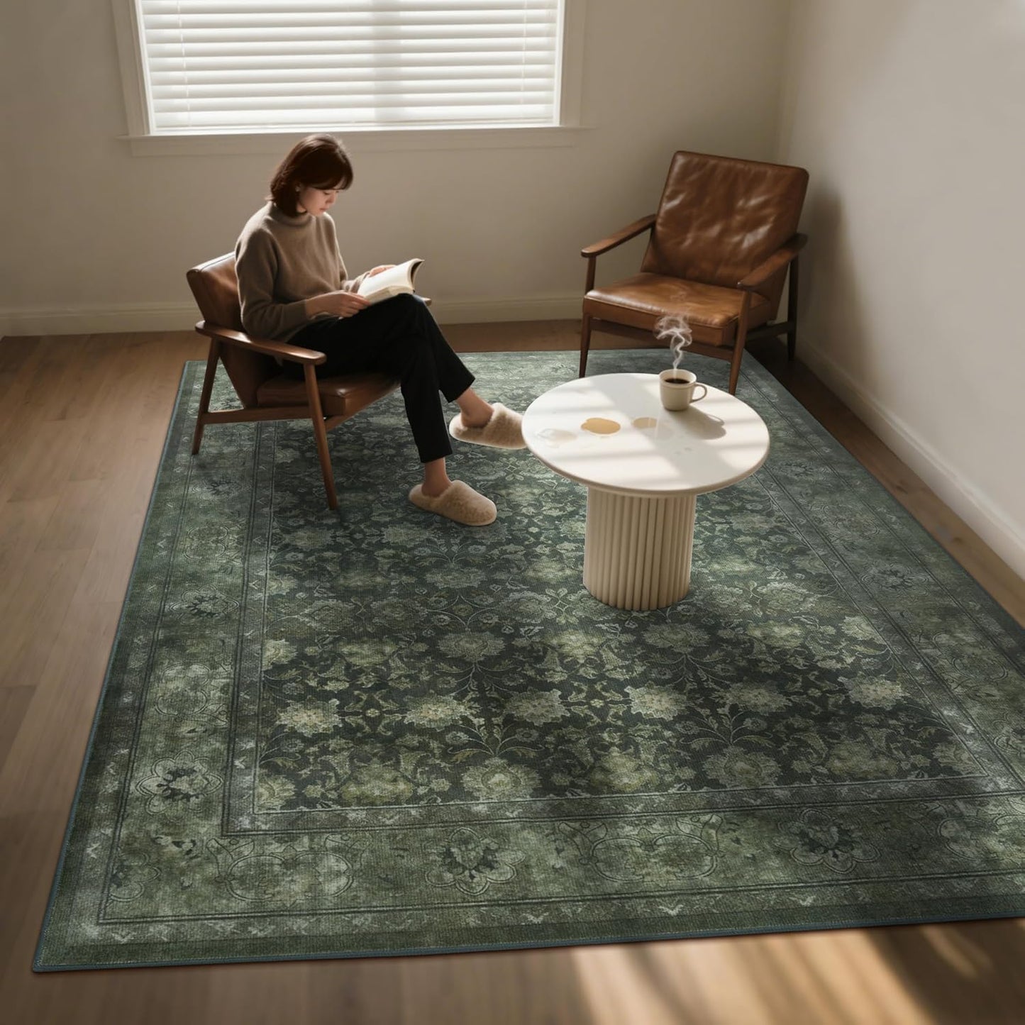 5x7 Washable Area Rug for Living Room, Non Slip Vintage Floral Rugs for Bedroom, Retro Indoor Floor Carpet for Kitchen, Dining Room, Farmhouse, Classroom (Distressed Green)