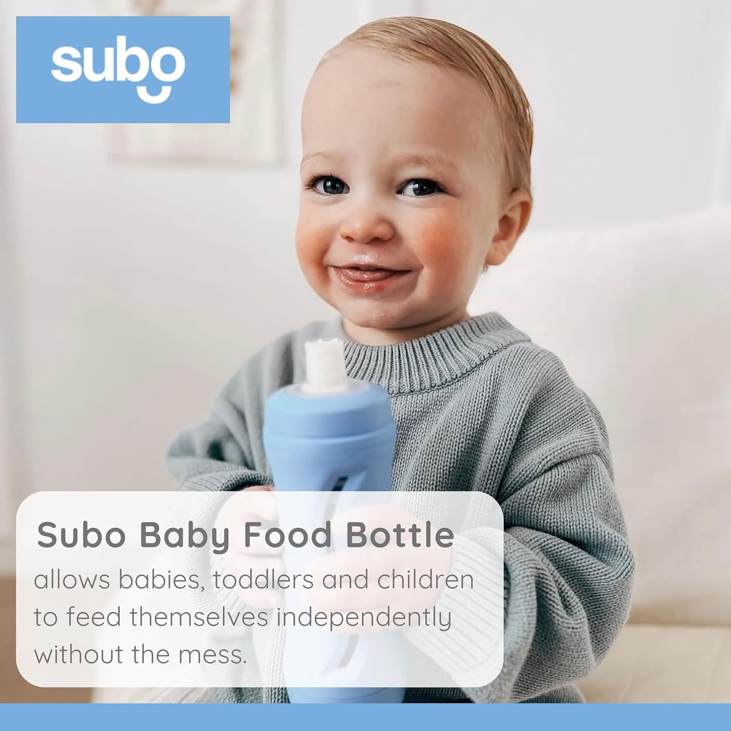 Subo Baby Food Bottle Starter Set | No Mess Baby Toddler Self Feeder | Squeeze Free Design for Purees, Smoothies, Yogurt, Oatmeal, or Thickened Liquids | Reusable Silicone Washable Cup (Blue)