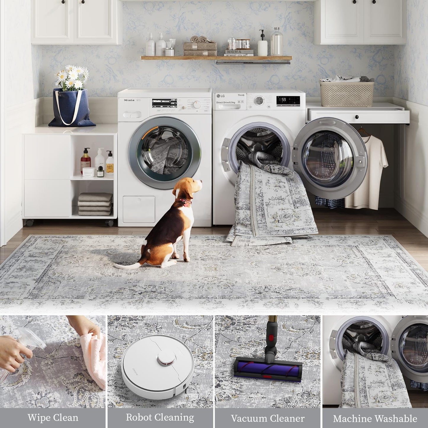 jinchan Hallway Runner Rug 3x10 Machine Washable Runner Rug Grey Vintage Floral Design Non-Slip Low Pile Ultra-Thin for Kitchen Laundry Room Bedroom Farmhouse (3‘x10',Grey)