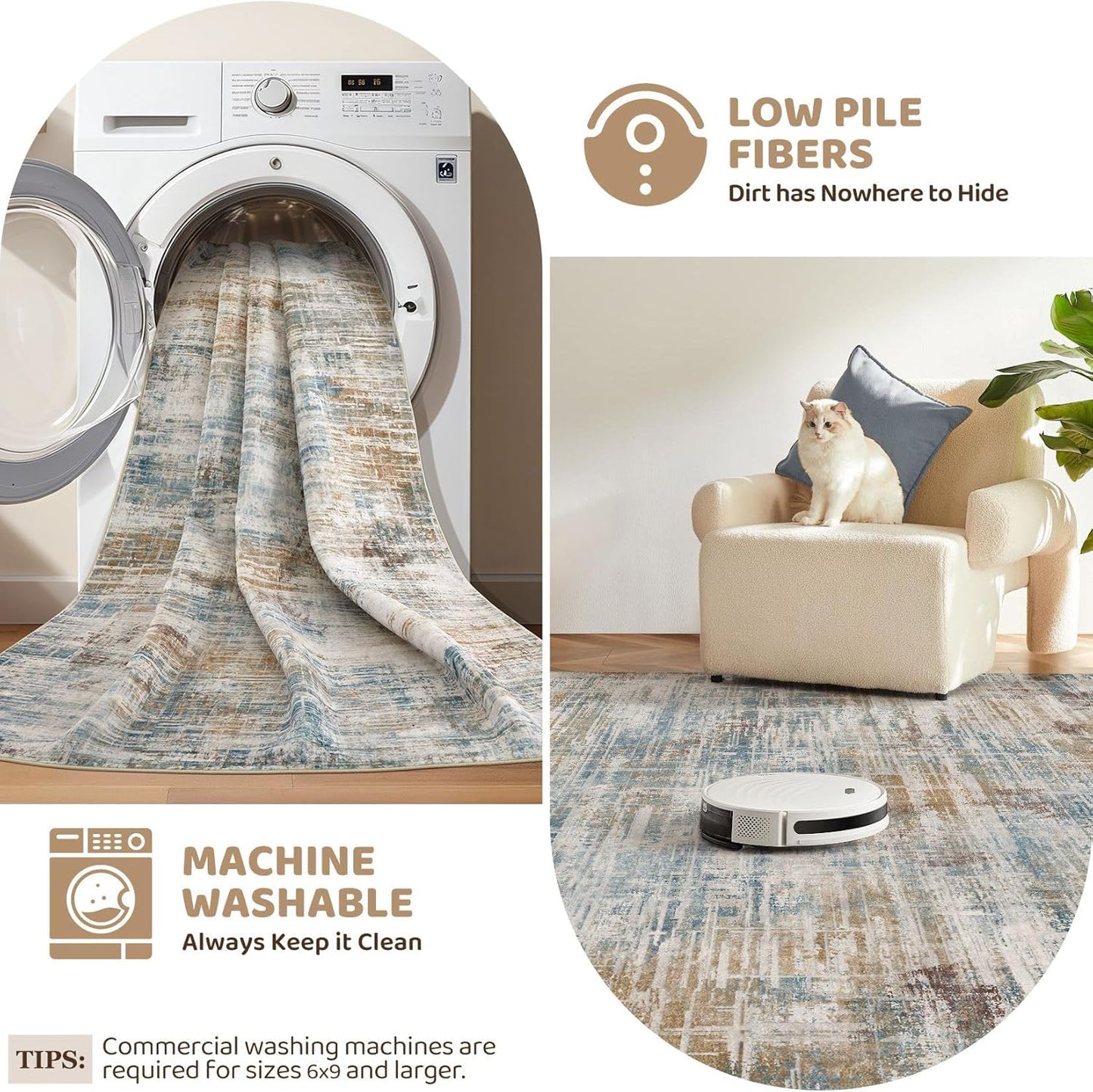 Area Rug for Living Room: 6x9 Washable Neutral Abstract Modern Soft Rugs Non Slip Indoor Floor Stain Resistant Large Carpet for Bedroom Dining Room Office Nursery - Blue Brown