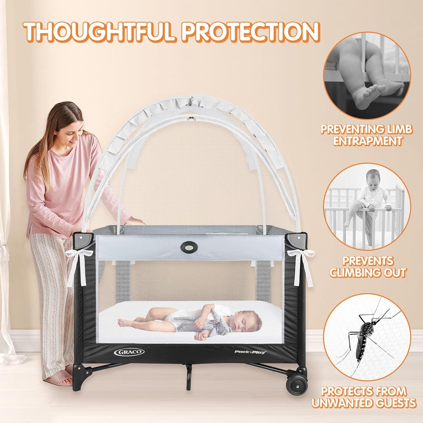 Pack N Play Tent - Mini Crib Tent to Keep Baby from Climbing Out - Crib Net to Keep Baby in - Pop Up Breathable Cribs Cover - Canopy with Upgrade Strong Mesh and Durable Zipper (White, Small)