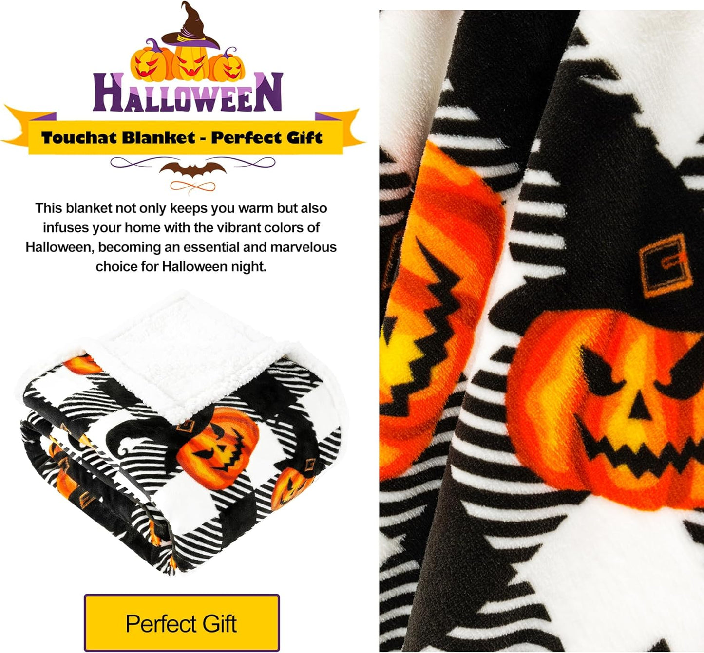 Touchat Halloween Blanket Twin Size 60" X 70"，Pumpkin Sherpa Fall Fuzzy Fluffy Soft Cozy Blankets, Fleece Flannel Plush Microfiber Throw for Couch Bed Sofa, Halloween Decor (BlackHalloween)