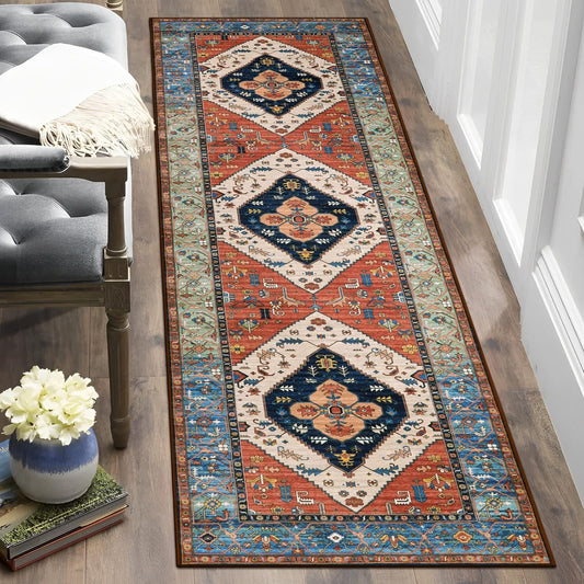Lahome Boho 2x5 Hallway Runner Rug - Non-Slip Low-Pile Kitchen Washable Runner Oriental Distressed Throw Bathroom Rug Carpet for Entrance Bedroom Laundry Room