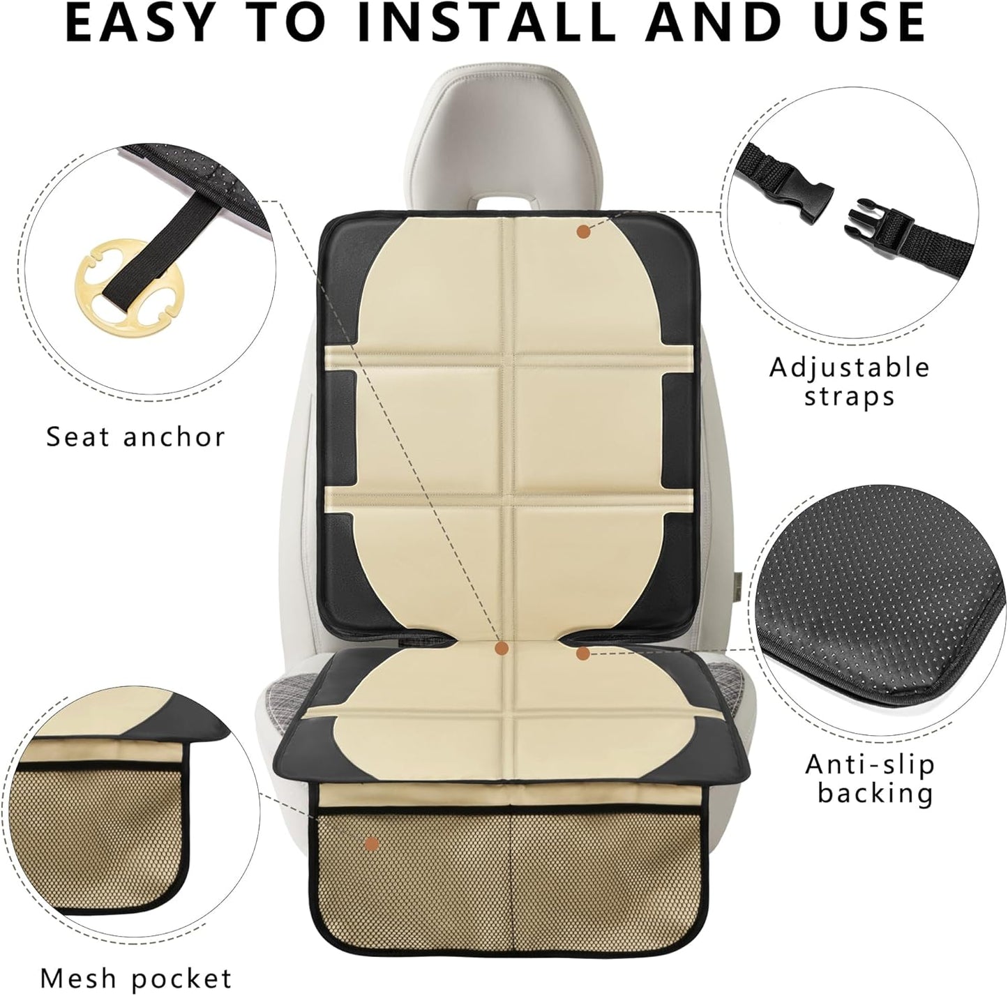 Car Seat Protector for Child Car Seat, 2 Pack Baby Car Seat Covers with Mesh Pockets & Non-Slip Backing 600D Durable Seat Protector Under Baby Car Seat for Car Back Seat (Beige, Large)