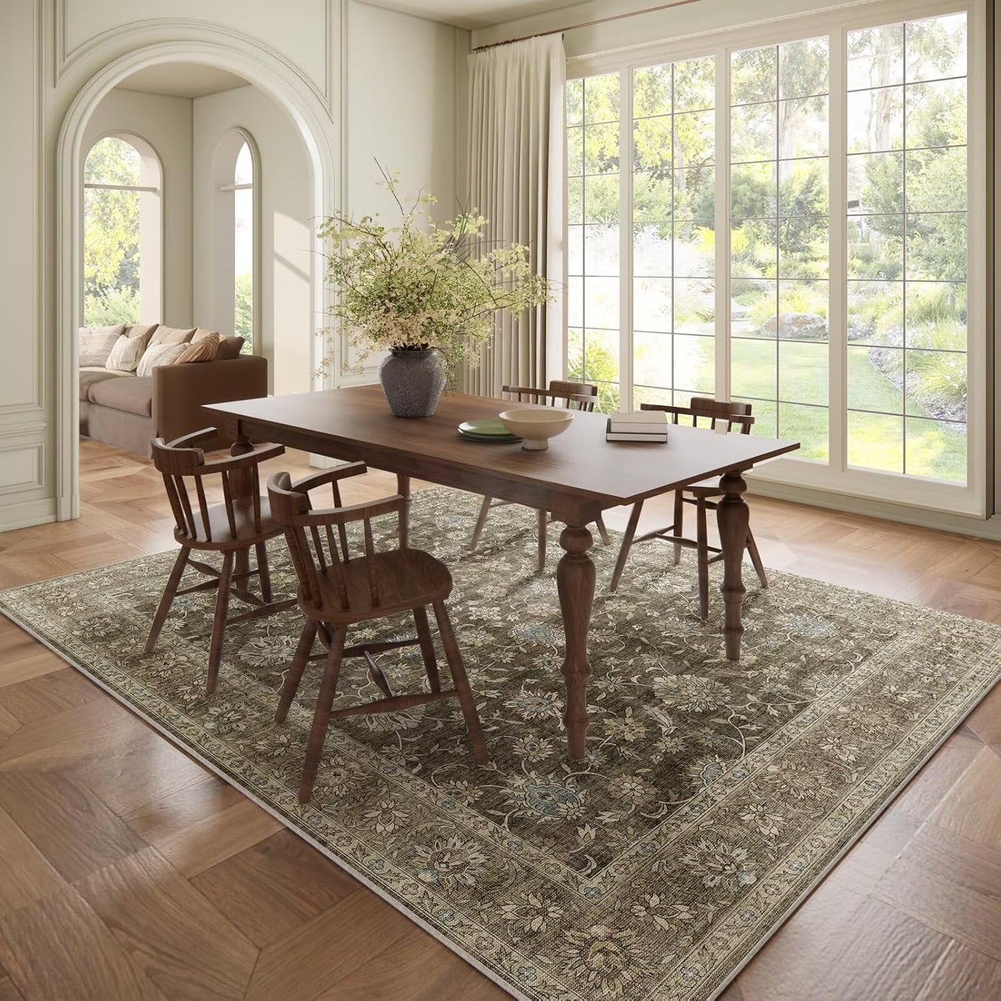 Washable 6x9 Area Rugs for Living Room, Boho Non-Slip Silicone Backing Large Rugs for Bedroom Dining Room Nursery Office, 0.3" Neutral Oriental Throw Carpet with 0.16" Cushioning Pad, Flaxen/Multi