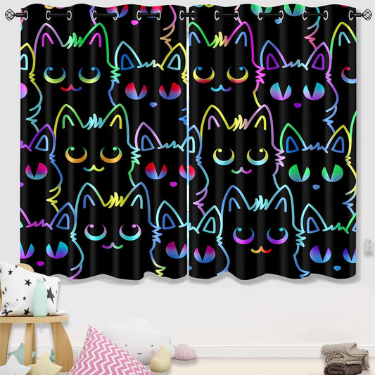 Cat Curtain Panels for Girls - 2Pcs Cat Blackout Curtains for Girls Bedroom, 82" W x 63" L