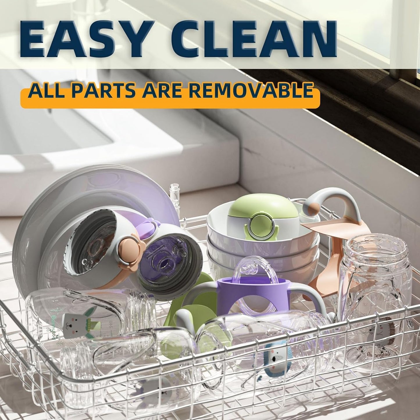 Bunnytoo Baby Sippy Cup with Weighted Straw for Infants 6-12 Months, 8oz Toddler Drinking with Handles, BPA-Free, Transition Trainer for 1+ Year Old (Blue)