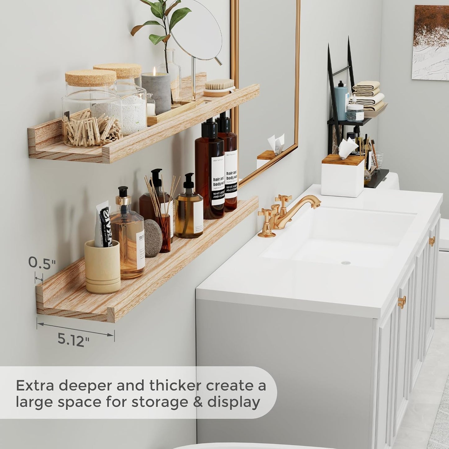 Fun Memories Rustic Wooden Picture Shelves for Wall with Ledge, 36 Inch Floating Shelves with Lip Set of 4, Kids Nursery Book Shelf Photo Shelf, Wall Mounted Display Shelves for Bedroom, Living Room