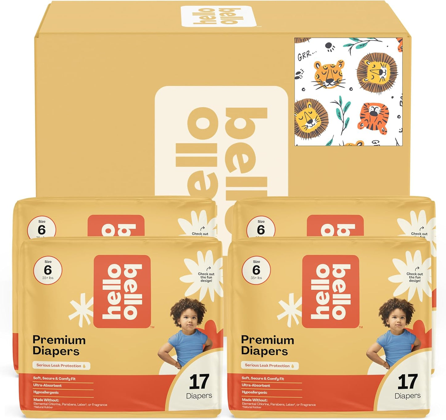 Hello Bello Diapers, Size 6 (35 lbs) Wild Cats, 68 Count Value Pack of Premium Disposable Baby Diapers, Hypoallergenic with Soft, Cloth-Like Feel