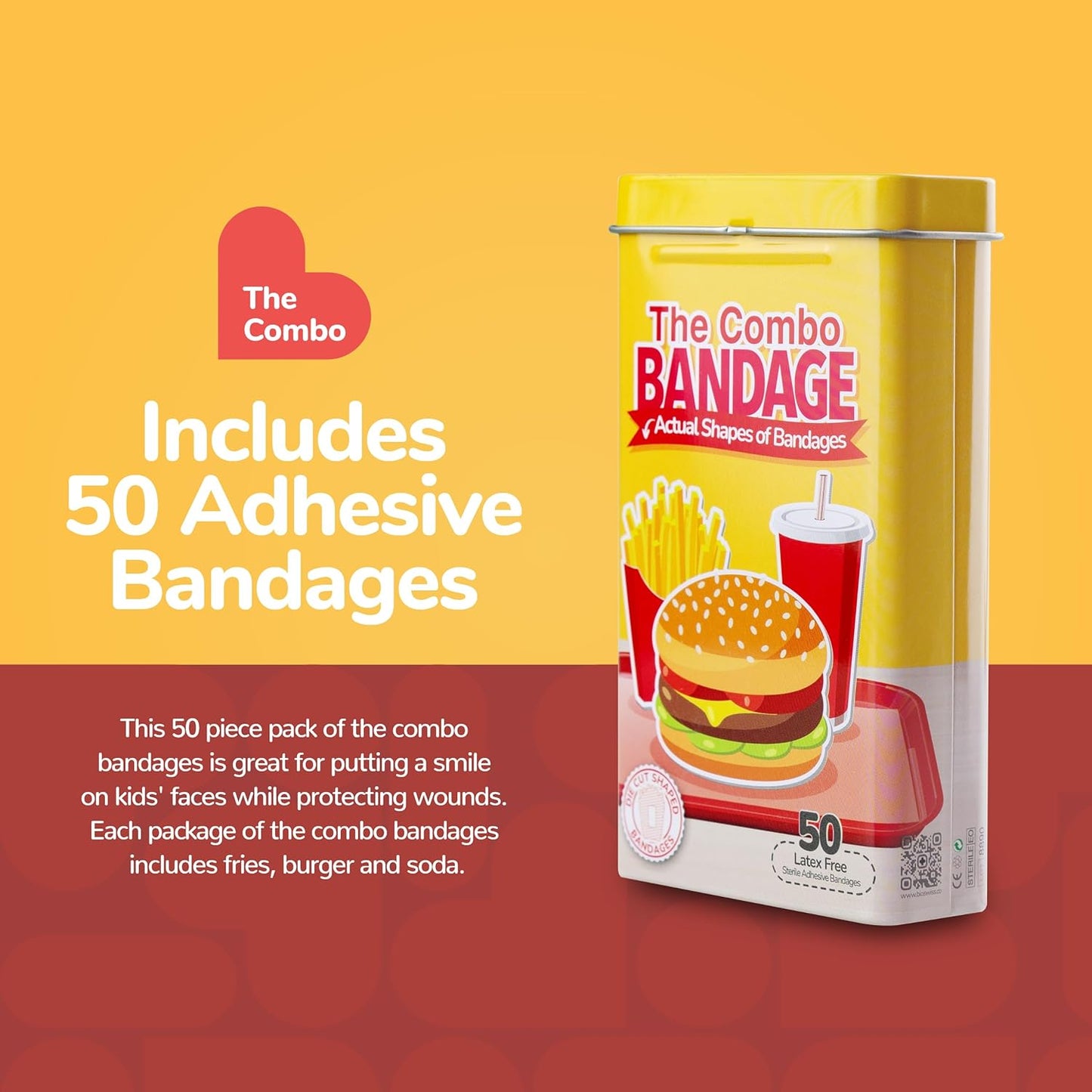 BioSwiss Bandages, Combo Meal Shaped Self Adhesive Bandage, Latex Free Sterile Wound Care, Fun First Aid Kit Supplies for Kids, 50 Count
