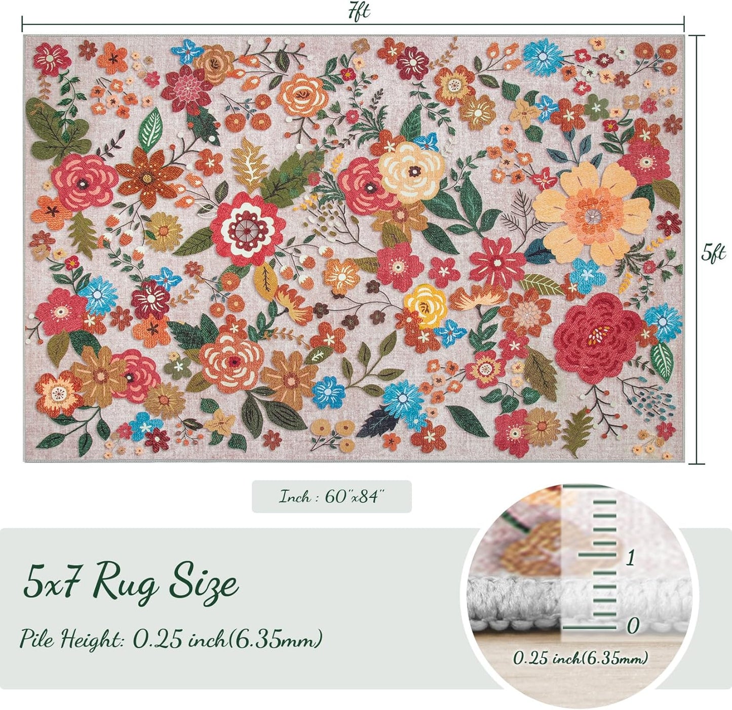 Area Rug Living Room Rugs: 5x7 Washable Rug Vintage Floral Soft Boho Non Slip Carpet Indoor Floor Non Shedding Low Pile Thin Carpets for Bedroom Dining Room Farmhouse Nursery Home Office Beige