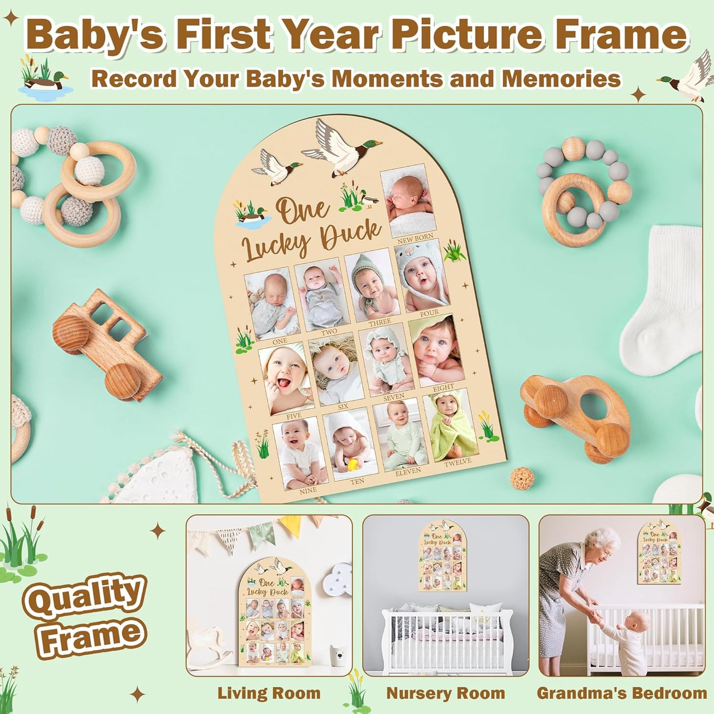 R HORSE 3D Mallard Duck 1st Birthday Wood Photo Display Board, One Lucky Duck Baby's First Year Picture Frame, 1-12 Months Milestone Board Birthday Decorations Keepsake Gift for Baby Nursery Decor