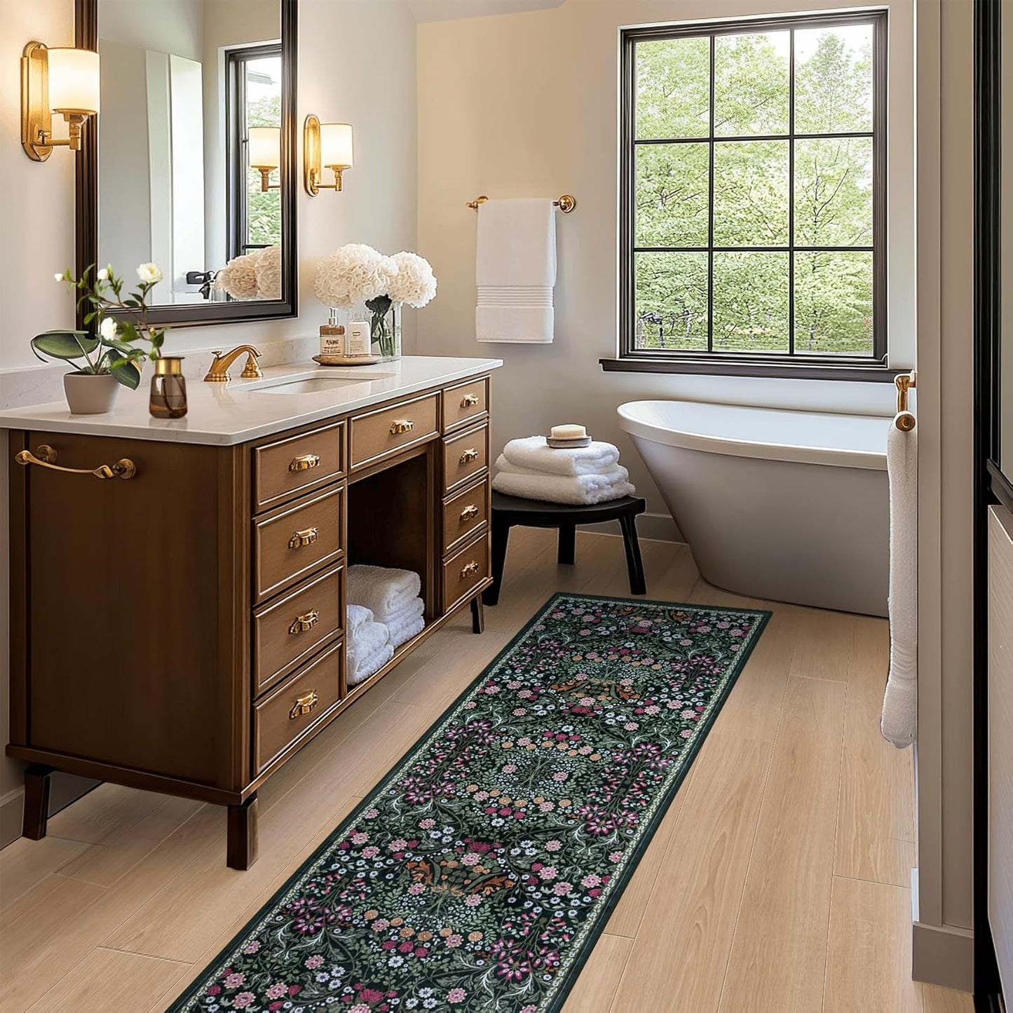 Runner Rug for Entryway: 2x6 Kitchen Rugs Non Slip Washable Ultra-Thin Soft Floral Carpet Indoor Floor Stain Resistant Carpets for Hallway Bedroom Kitchen Laundry Bathroom Dorm Dark Green