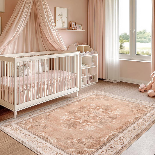 jinchan Vintage Floral 4x6 Area Rugs - Machine Washable Distressed Design Soft Ultra-Thin Low-Pile Non-Slip Carpet for Entryway Kitchen Bedroom Nursery Living Room Dining Room (4x6ft,Coral Pink)