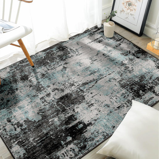 Washable Area Rugs 4'x6' Non-Slip Modern Abstract Soft for Living Room Entryway Bedroom Nursery, Print Pattern, Blue Black Teal