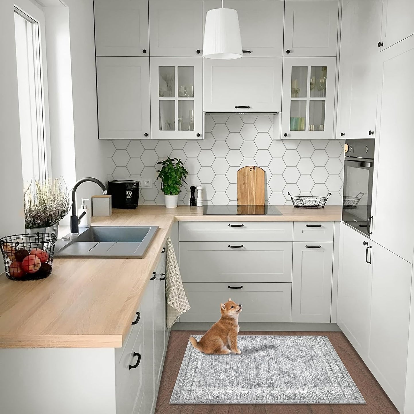 Moroccan Area Rug 2x3 - Washable Distressed Entryway Rug Non-Slip Small Rug, Soft Low-Pile Geometric Farmhouse Indoor Door Mat Floor Carpet for Entrance Bedroom Kitchen Bathroom (2 x 3, Grey)