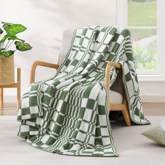 WRENSONGE Checkered Throw Blanket Olive Green Soft Cozy Fluffy Warm Hand Made Weave Throw Blankets for Couch, Sofa, Chair, Bed, Camping, Picnic, Travel Lightweight Bed Blanket - 60"*80"