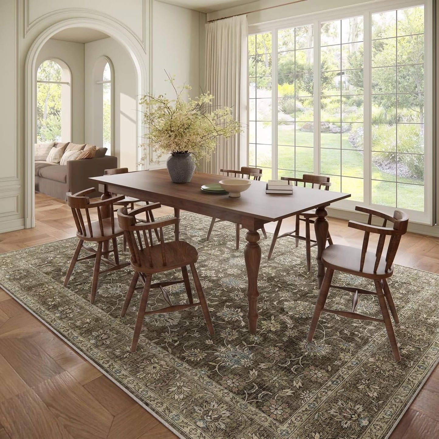 Washable 8x10 Area Rugs for Living Room, Boho Non-Slip Silicone Backing Rugs for Bedroom Dining Room Nursery Office, 0.3" Neutral Oriental Throw Carpet with 0.16" Cushioning Pad, Flaxen/Multi