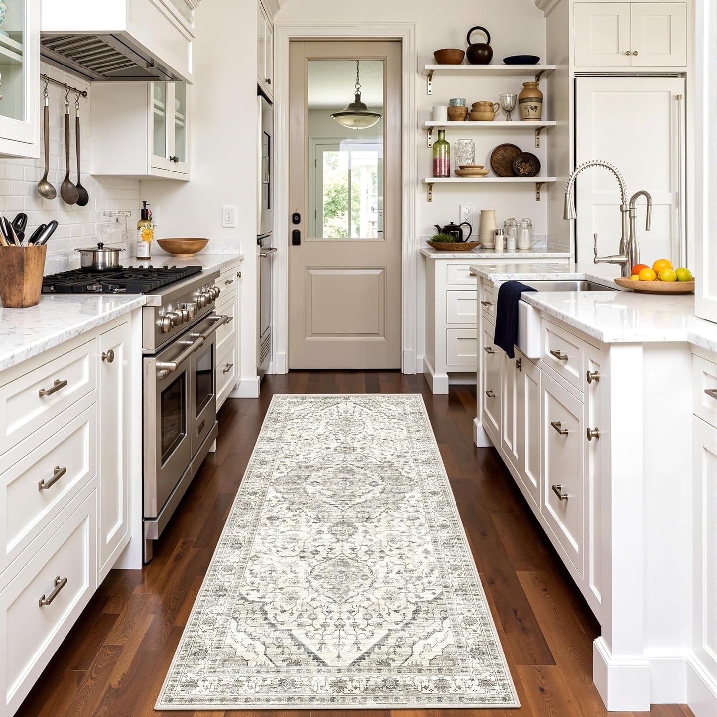 3x7 Runner Rugs for Hallway Non-Slip Hallway Runner Rug with Rubber Backing Washable Rug Runner for Kitchen Bedroom Vintage Distressed Carpet (Border Cream)