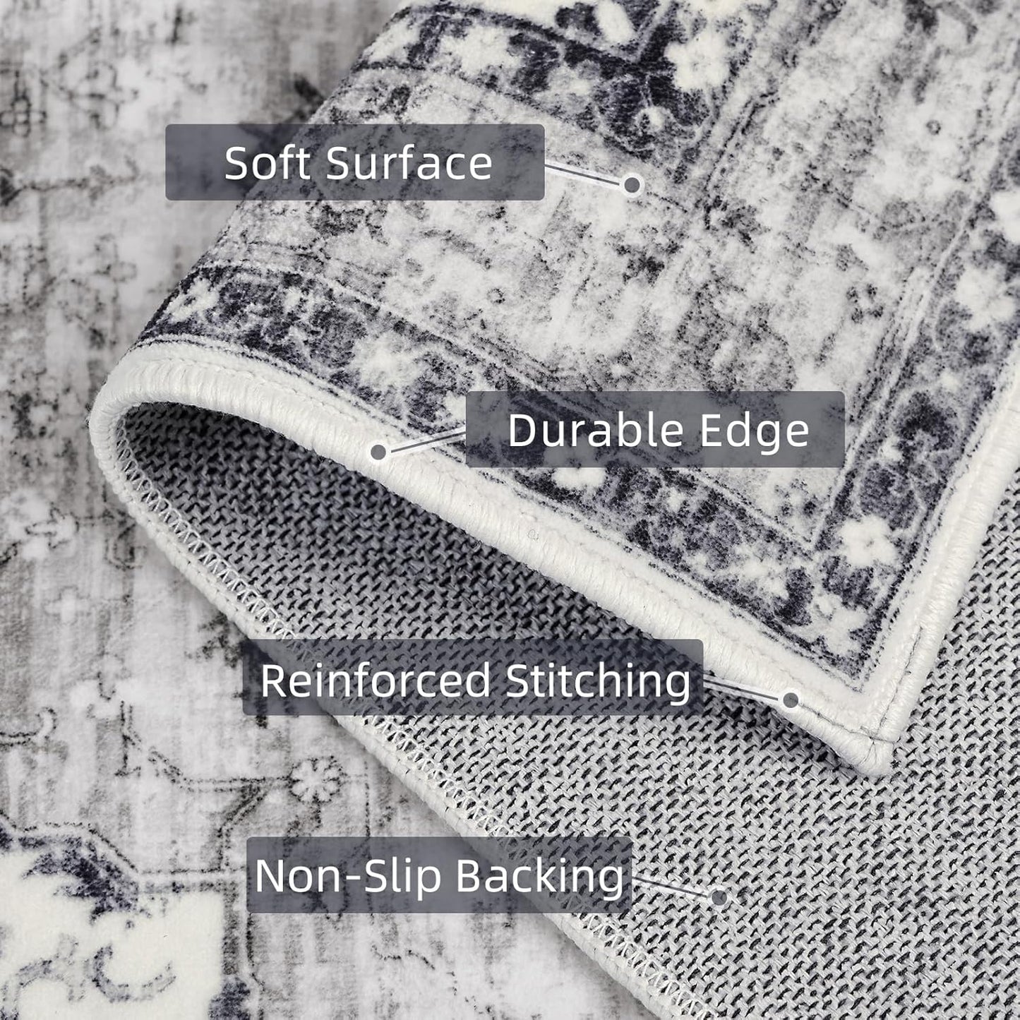 Boho Grey Area Rug 9x12 Rugs for Living Room Distressed Area Rugs, Non Slip Washable Vintage Rugs Carpet Large Rug for Bedroom Dining Room Office, Floor Decoration Big Rug Low-Pile (Grey)