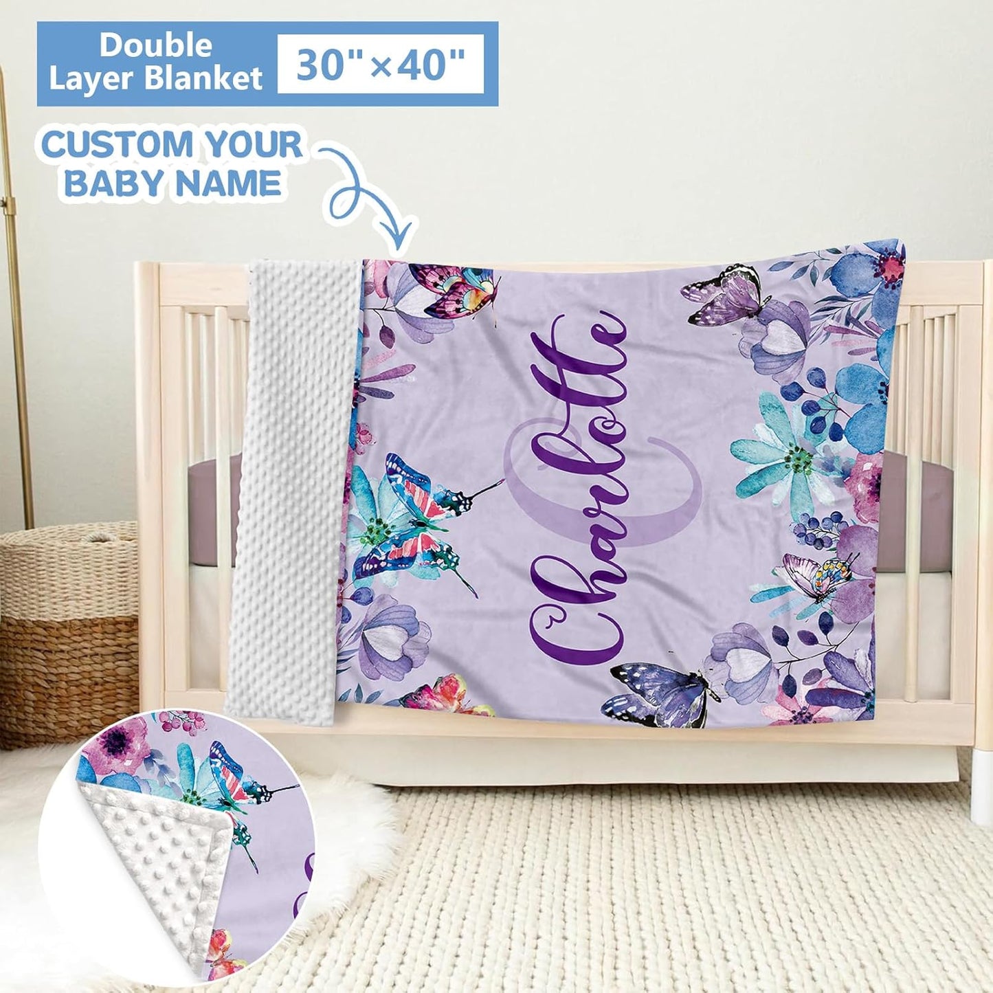 Personalized 5-Piece Crib Set, Custom Bedding With Name for Girls, Purple Butterfly Nursery Set, Gifts for Infants, Toddlers, New Parents
