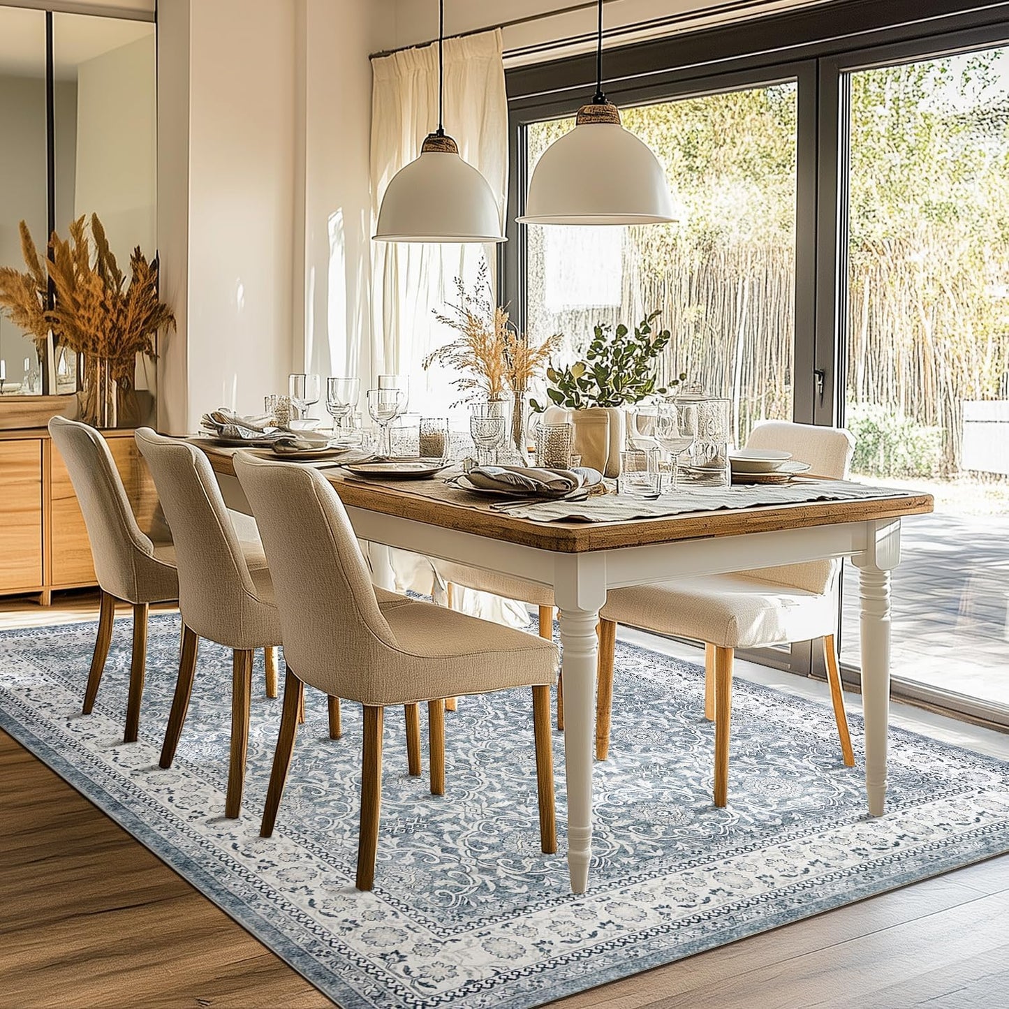 jinchan Floral 6x9 Area Rugs for Living Room - Machine Washable Vintage Distressed Boho Design Throw Rug Stain Resistant Carpet Low-Pile Thin Non-Slip for Bedroom Dining Room Nursery (6‘x9',Grey)