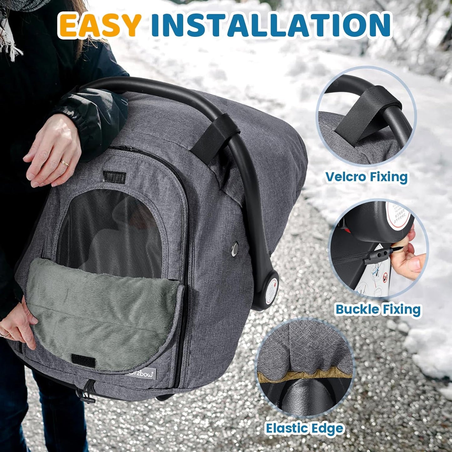 Orzbow Winter Car Seat Cover for Babies, Waterproof Carseat Canopy Cover with Peep Window of Breathable Mesh, Warm and Cozy Baby Car Seat & Carrier Covers for Cold Weather, Machine Washable, Dark Grey