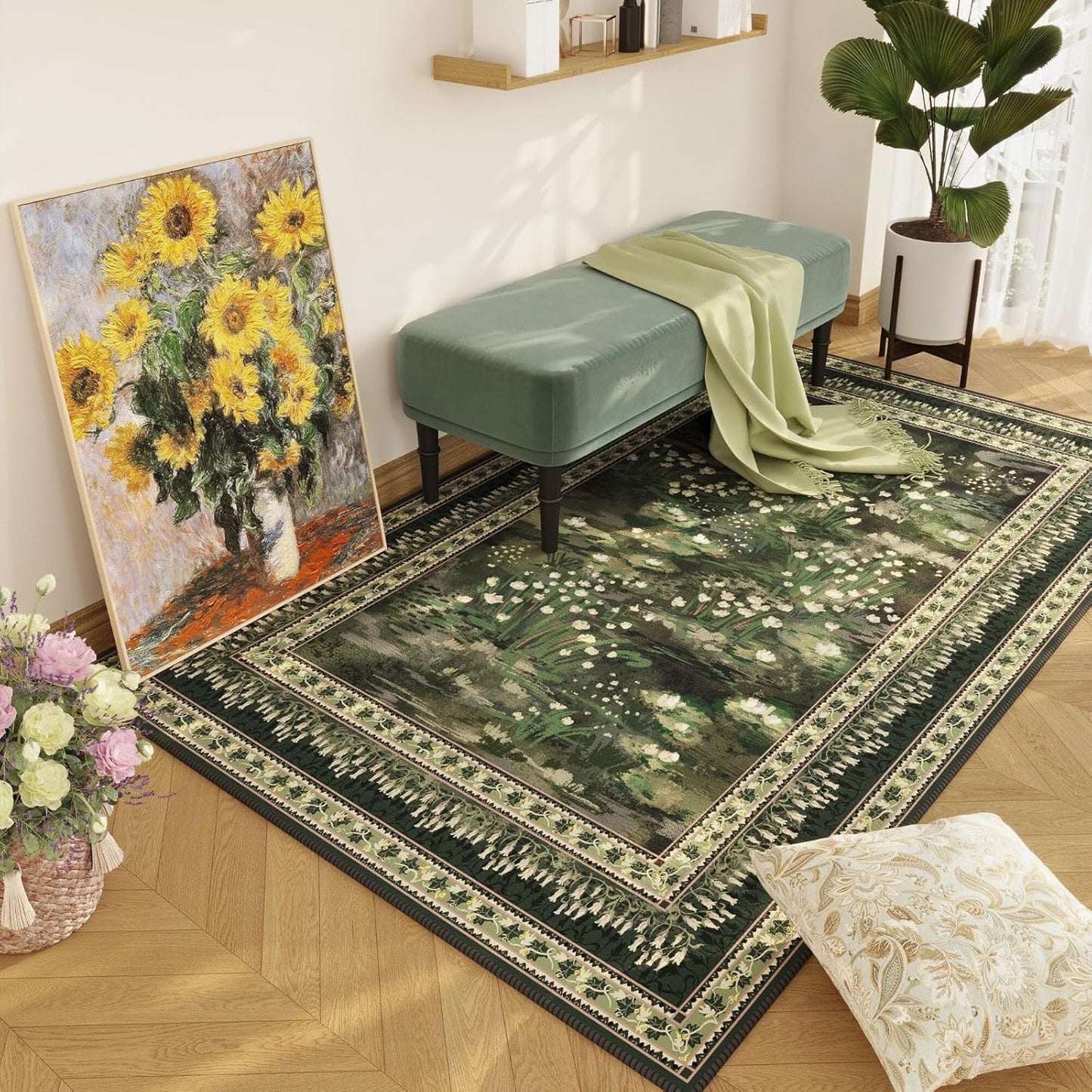 4x6 Rug for Bedroom Impressionist-Style Vintage Washable Rugs Non Slip Low Pile Small Carpet for Bedside Kids Room Office Dining Room, Green