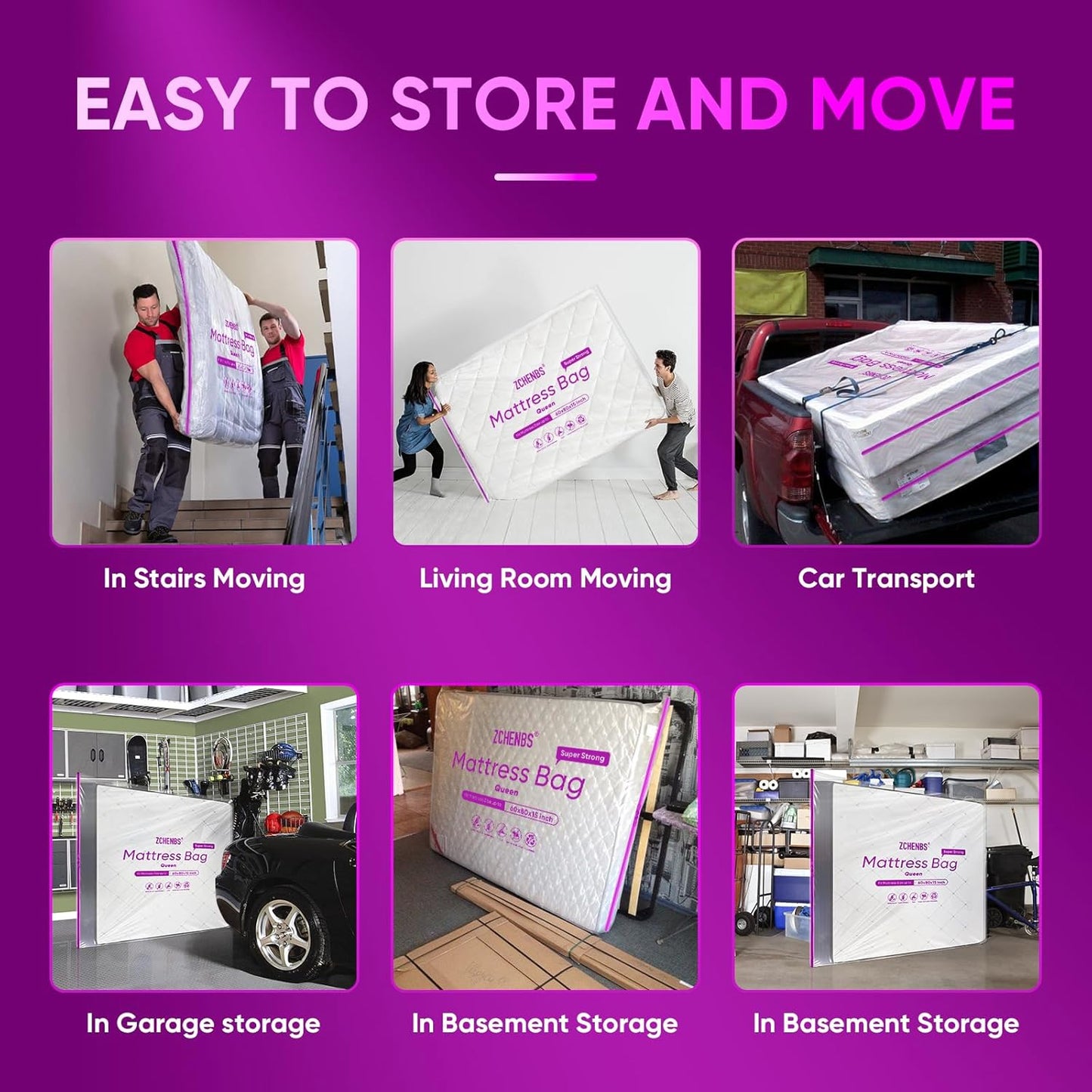 ZCHENBS® – Mattress Bags for Moving and Storage,Mattress Bag with Zippers,5 Mil Ultra-Thick Bed Bag,Waterproof,Anti-Tear,Heavy-Duty Mattress bag (Tansparent/Purple, Queen-(2 Pack))