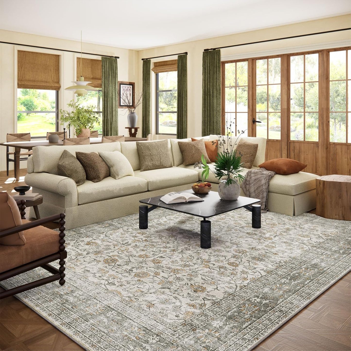 Machine Washable Rugs for Living Room: 8x10 Area Rugs for Bedroom Vintage Stain Resistant Non Slip Low Pile Soft Boho Carpet for Kitchen Dining Room Farmhouse Kids Room Nursery